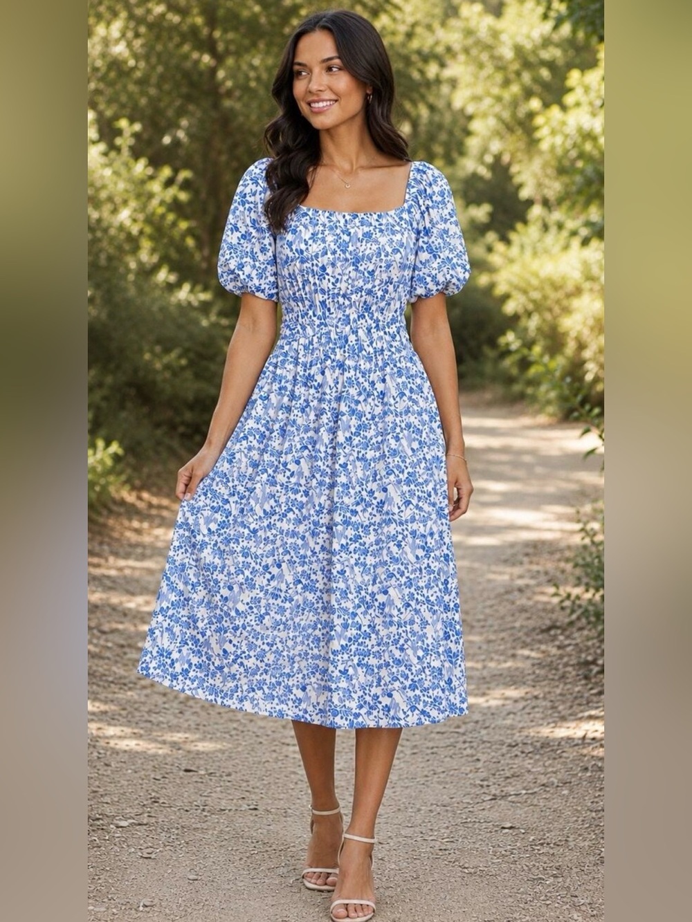 Polagram Blue White Bird Floral Midi Dress M Puff Sleeve Cottagecore EUC